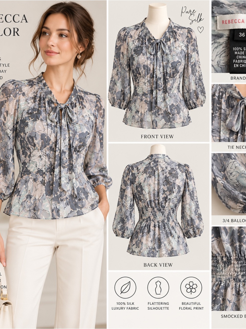 Rebecca Taylor 100% Silk Floral Blouse Tie Neck Puff Sleeve Size 36